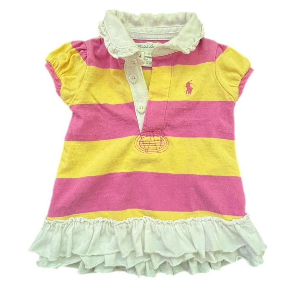 Ralph Lauren Polo Dress Pink Yellow Striped Ruffle 3M